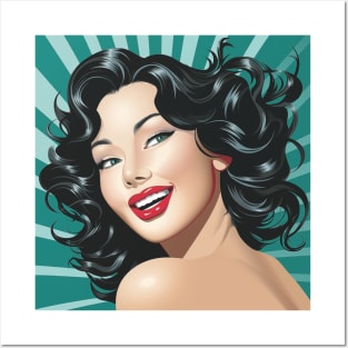 Illustration - Bright Vector Art with a Beautiful Brunette Girl, Red Lipstick, Retro Background, and Radiant Rays Posters and Art